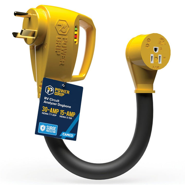 Camco Power Grip RV 12" 30Amp Circuit Analyzer Dogbone - Integrated Surge Protection [55461] - Houseboatparts.com