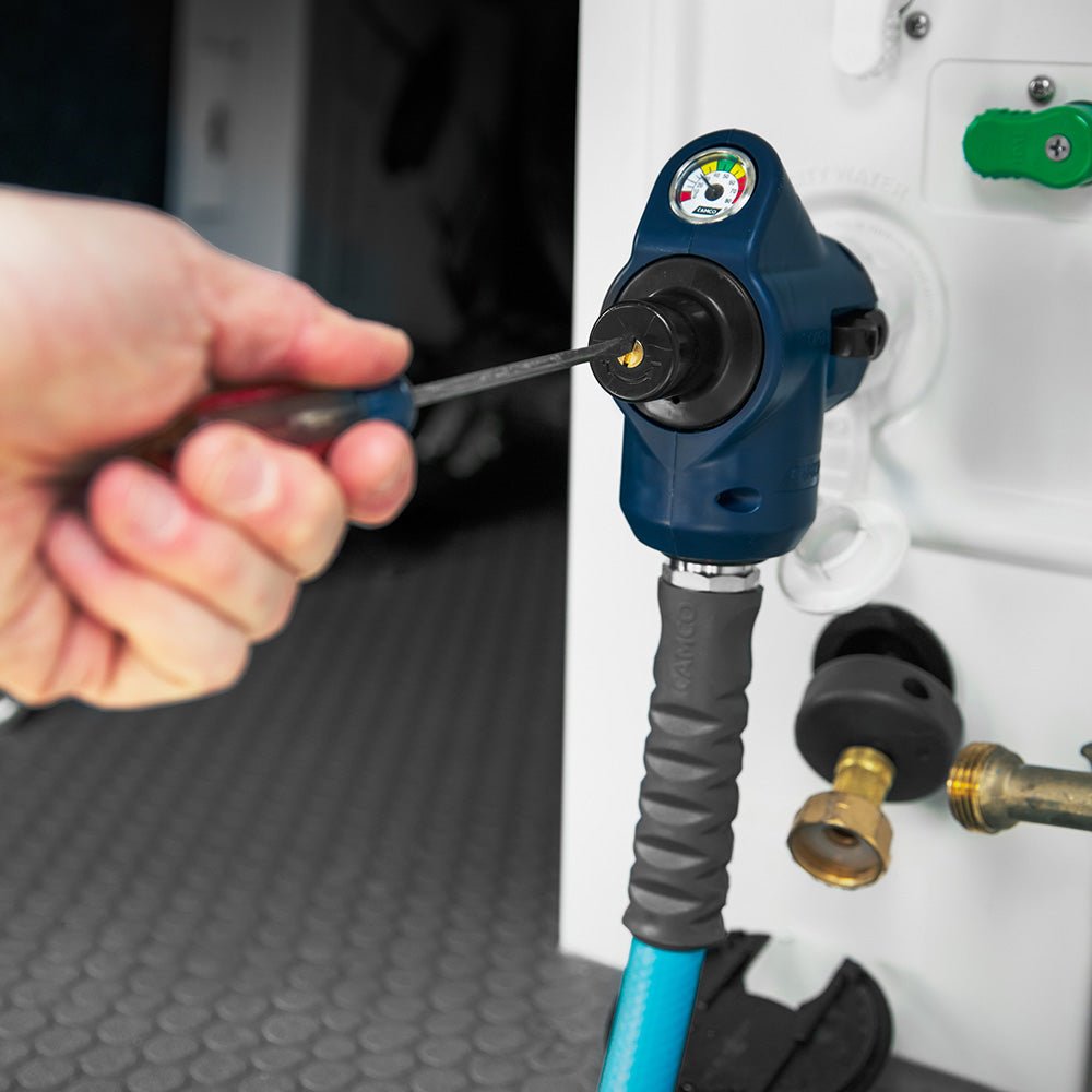 Camco 90 Degree Adjustable Water Pressure Regulator w/Gauge [40065] - Houseboatparts.com