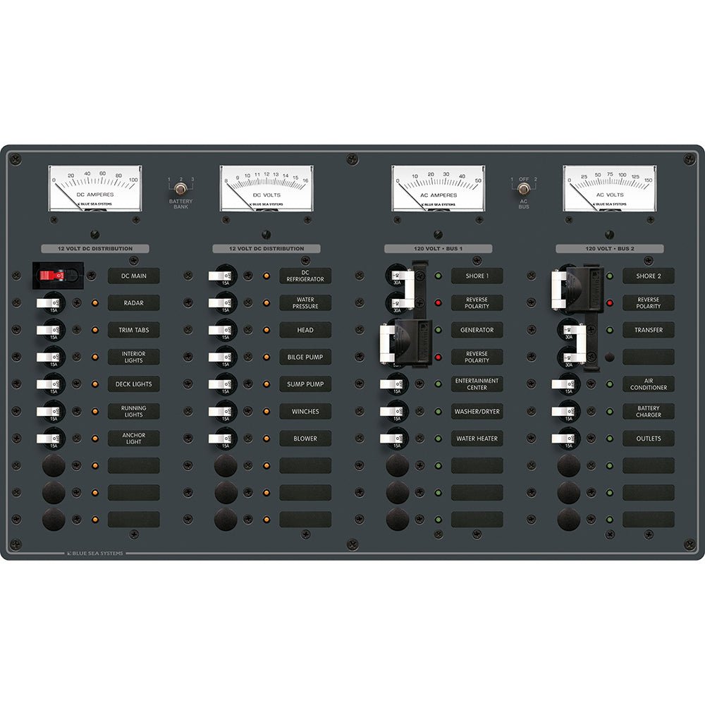 Blue Sea 8086 AC 3 Sources +12 Positions/DC Main +19 Position Toggle Circuit Breaker Panel - White Switches [8086] - Houseboatparts.com