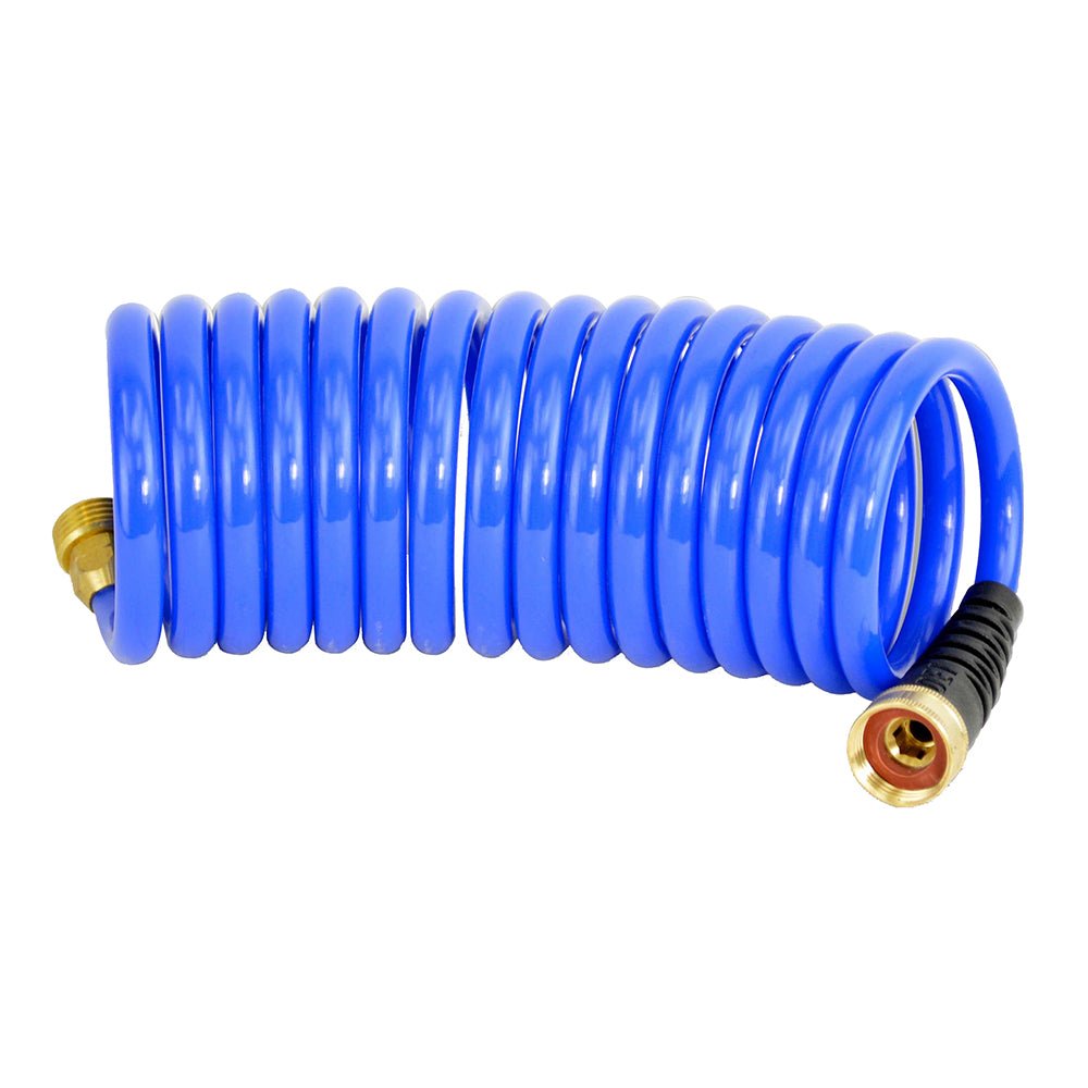 HoseCoil 15' Blue Self Coiling Hose w/Flex Relief [HS1500HP] - Houseboatparts.com