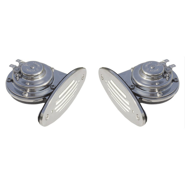 Schmitt Marine Mini Stainless Steel Dual Drop-In Horn w/Stainless Steel Grills High Low Pitch [10055] - Houseboatparts.com