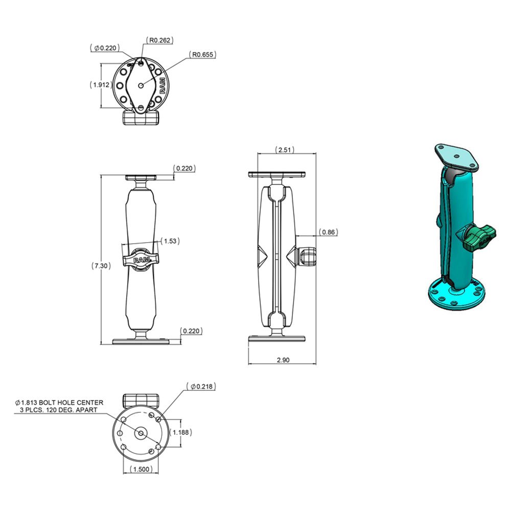 RAM Mount Flat Surface Mount Long Arm w/Diamond Base [RAM-B-138U-C] - Houseboatparts.com