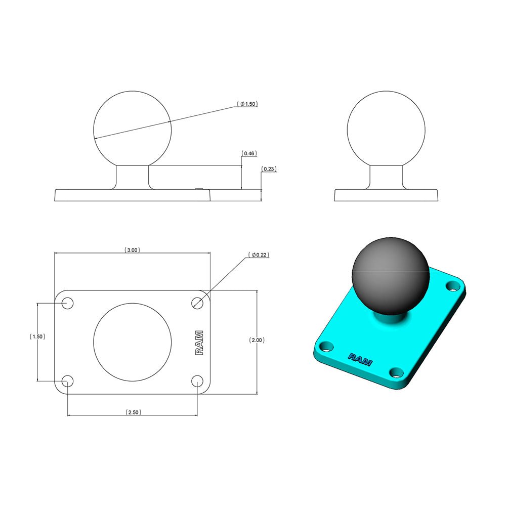 RAM Mount 2" x 3" Rectangle Base w/1.5" Ball [RAM-202U-23] - Houseboatparts.com
