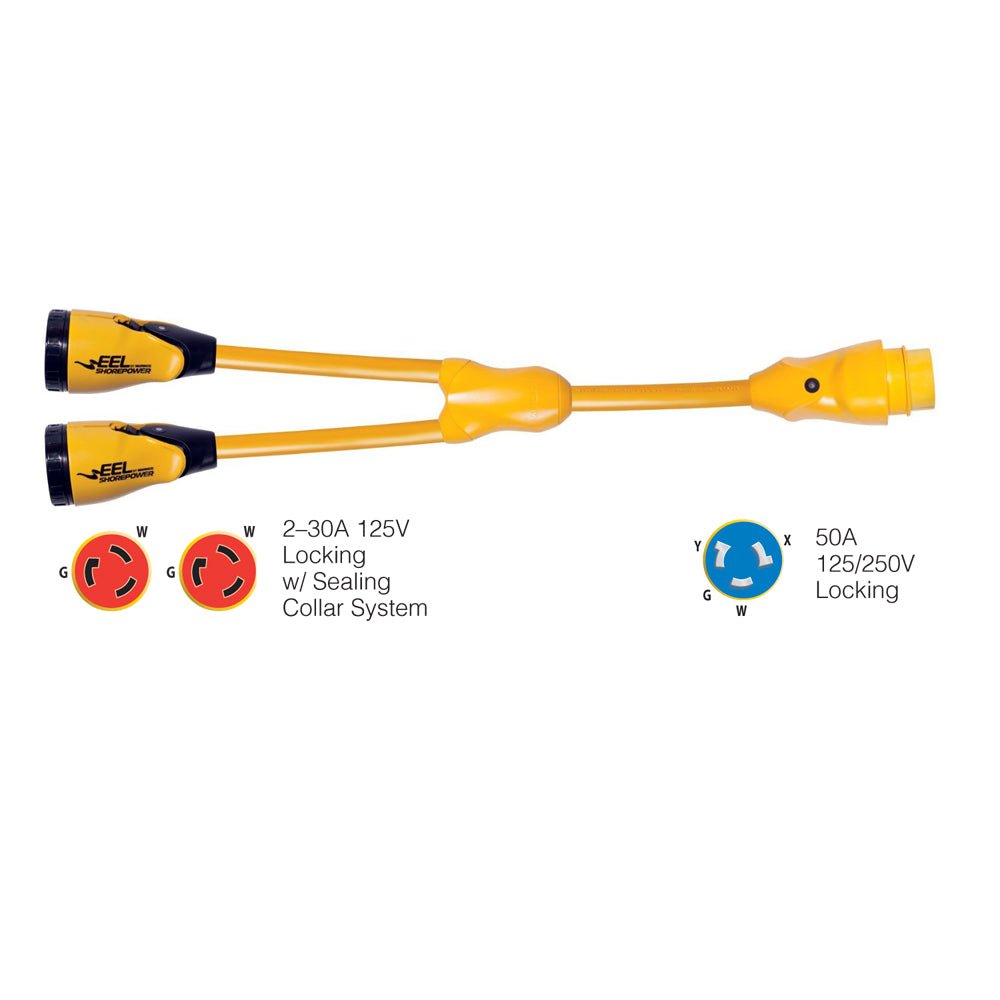 Marinco Y504-2-30 EEL (2)-30A-125V Female to (1)50A-125/250V Male "Y" Adapter - Yellow [Y504-2-30] - Houseboatparts.com