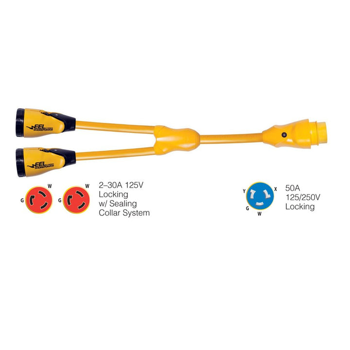 Marinco Y504-2-30 EEL (2)-30A-125V Female to (1)50A-125/250V Male "Y" Adapter - Yellow [Y504-2-30] - Houseboatparts.com