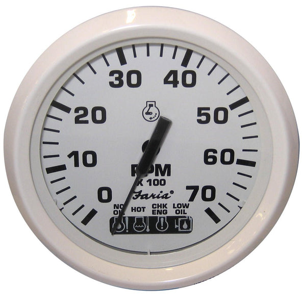 Faria Dress White 4" Tachometer w/Systemcheck Indicator - 7000 RPM (Gas) (Johnson / Evinrude Outboard) [33150] - Houseboatparts.com