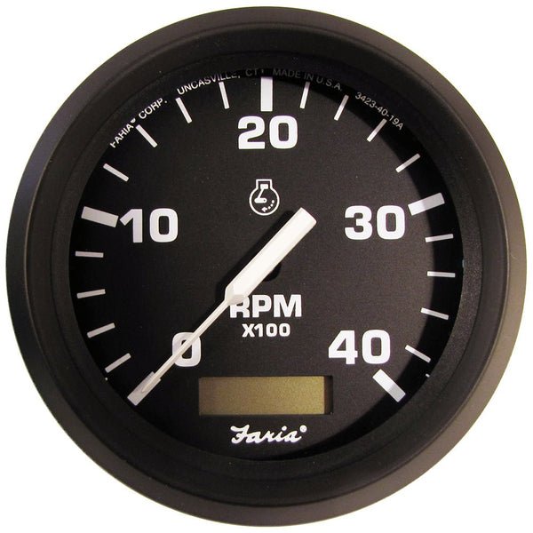 Faria Euro Black 4" Tachometer w/Hourmeter (4000 RPM) (Diesel)(Mech. Takeoff Var. Ratio Alt.) [32834] - Houseboatparts.com