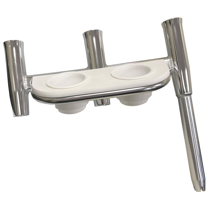 Tigress Offset Triple Rod Holder w/Cup Holders - Port Side - Polished Aluminum [88148] - Houseboatparts.com