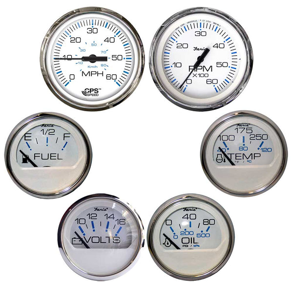 Faria Chesapeake White w/Stainless Steel Bezel Boxed Set of 6 - Speed, Tach, Fuel Level, Voltmeter, Water Temperature Oil PSI - Inboard Motors [KTF063] - Houseboatparts.com