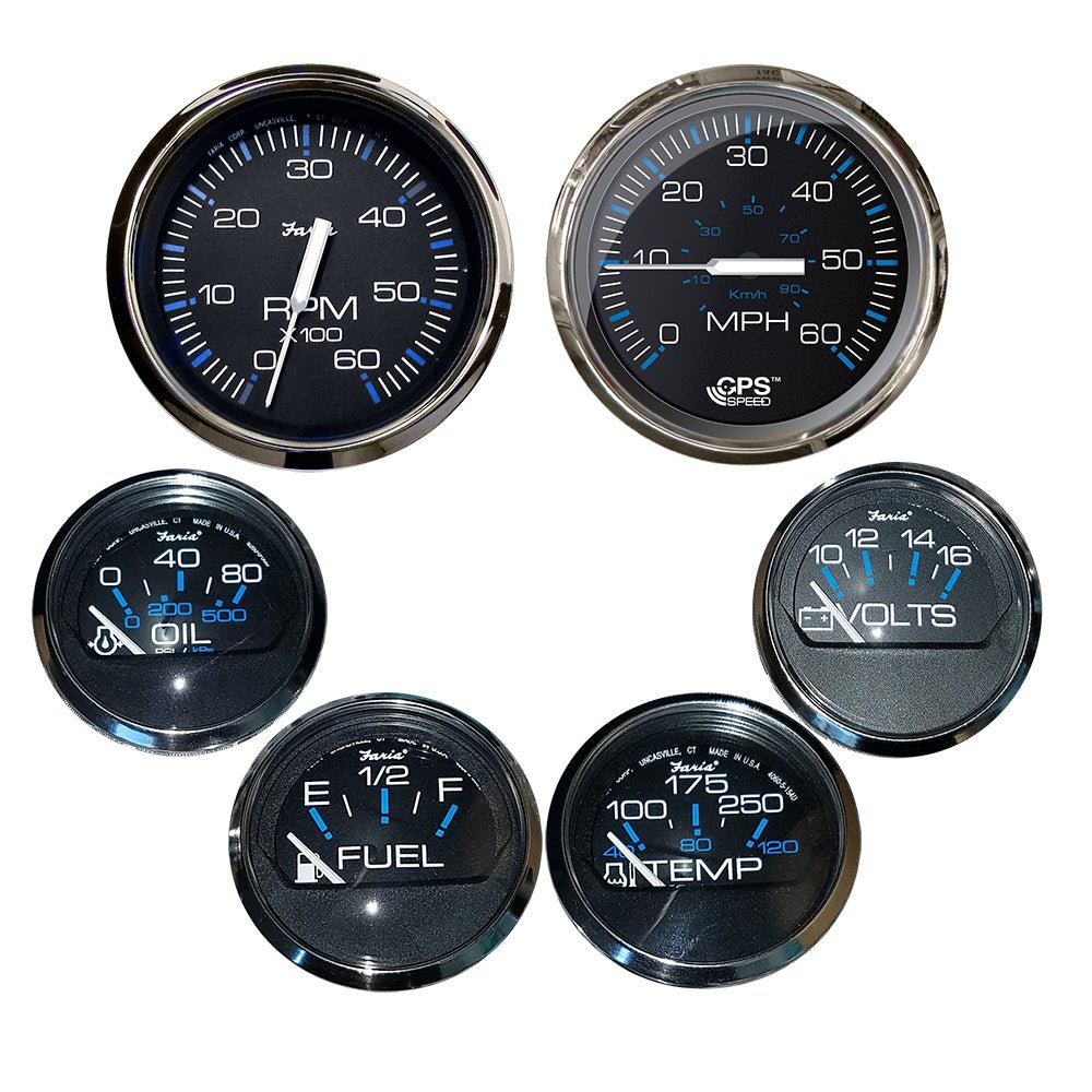 Faria Chesapeake Black w/Stainless Steel Bezel Boxed Set of 6 - Speed, Tach, Fuel Level, Voltmeter, Water Temperature Oil PSI - Inboard Motors [KTF064] - Houseboatparts.com