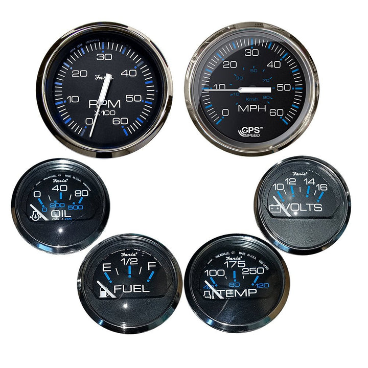Faria Chesapeake Black w/Stainless Steel Bezel Boxed Set of 6 - Speed, Tach, Fuel Level, Voltmeter, Water Temperature Oil PSI - Inboard Motors [KTF064] - Houseboatparts.com