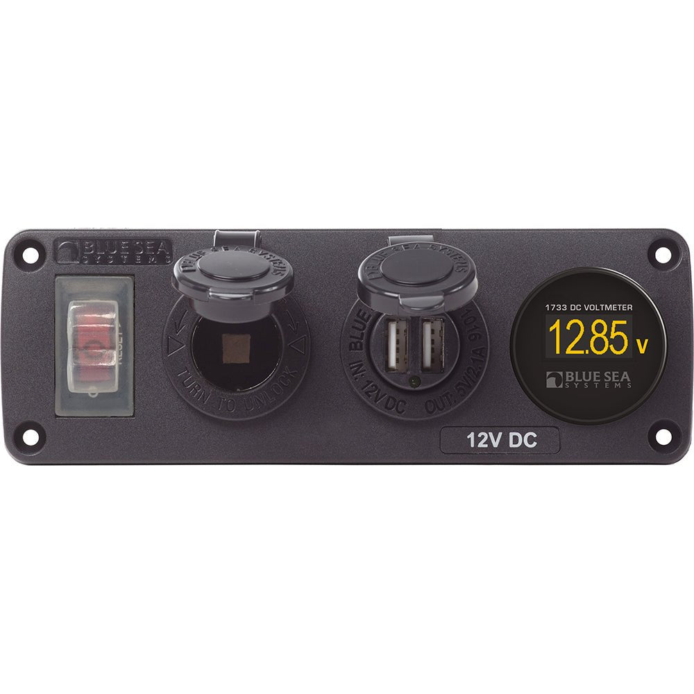 Blue Sea 4366 Water Resistant USB Accessory Panel - Circuit Breaker, 12V Socket, Dual USB Charger, Mini Voltmeter [4366] - Houseboatparts.com