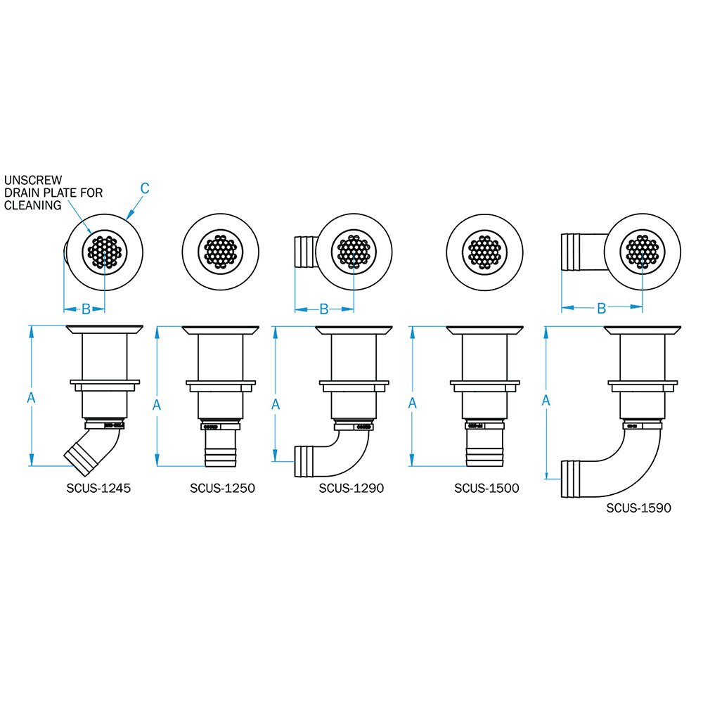 GROCO 1-1/4" Hose Barb Stainless 45 Degree Deck Drain [SCUS-1245] - Houseboatparts.com