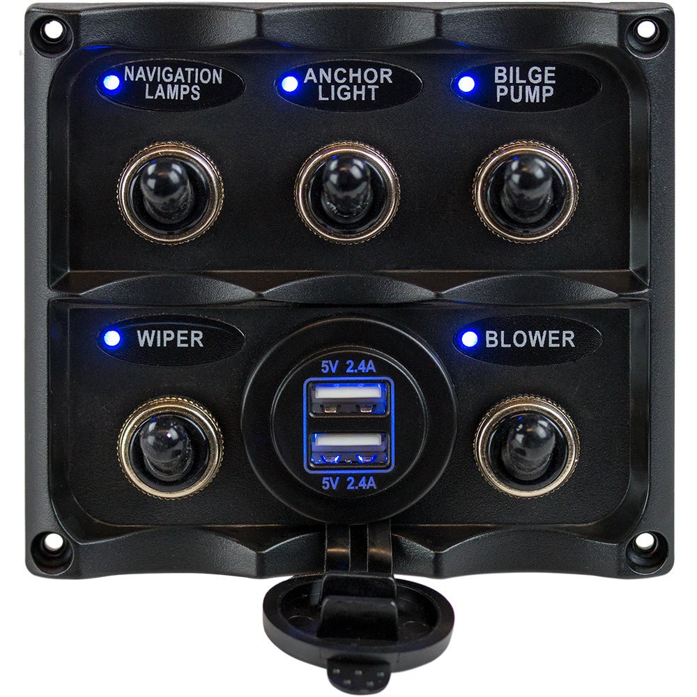 Sea-Dog Water Resistant Toggle Switch Panel w/USB Power Socket - 5 Toggle [424617-1] - Houseboatparts.com