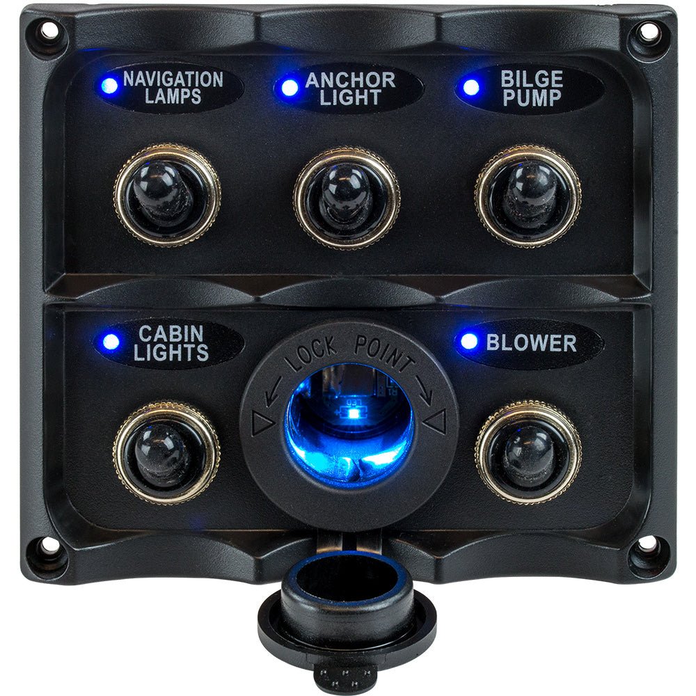 Sea-Dog Water Resistant Toggle Switch Panel w/LED Power Socket - 5 Toggle [424627-1] - Houseboatparts.com