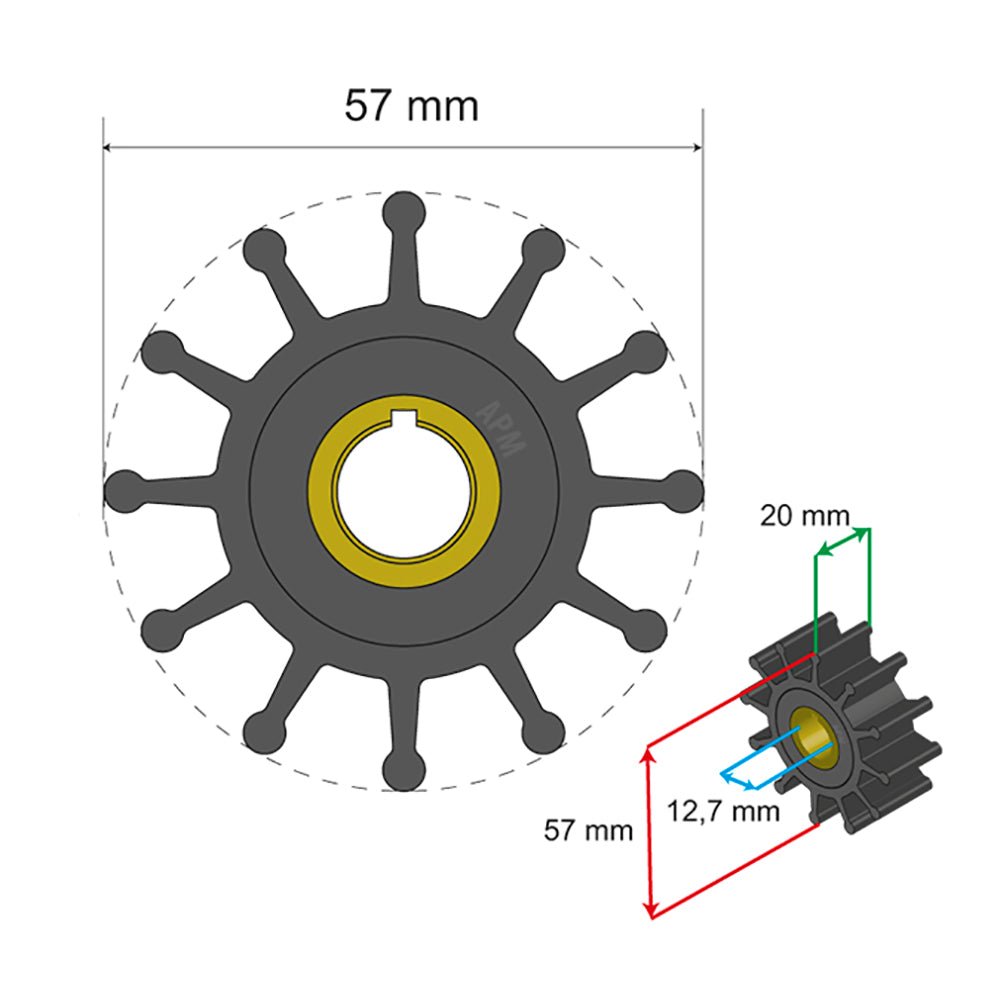 Albin Group Premium Impeller Kit 57 x 12.7 x 20mm - 12 Blade - Key Insert [06-01-013] - Houseboatparts.com