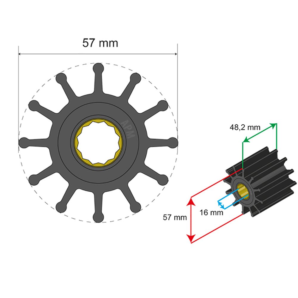 Albin Group Premium Impeller Kit 57 x 16 x 48.2mm - 12 Blade - Spline Insert [06-01-014] - Houseboatparts.com