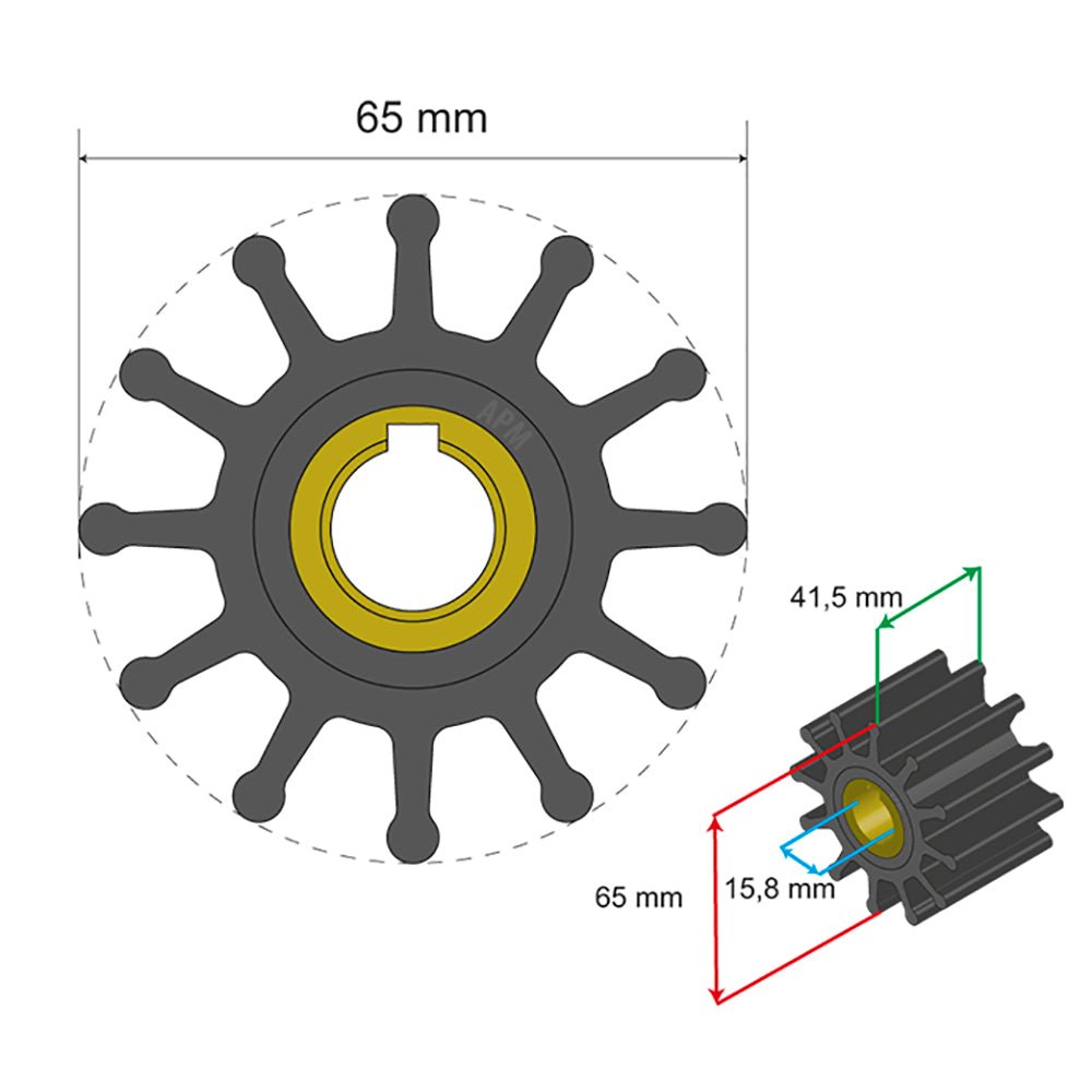 Albin Group Premium Impeller Kit 65 x 15.8 x 41.5mm - 12 Blade - Key Insert [06-01-018] - Houseboatparts.com