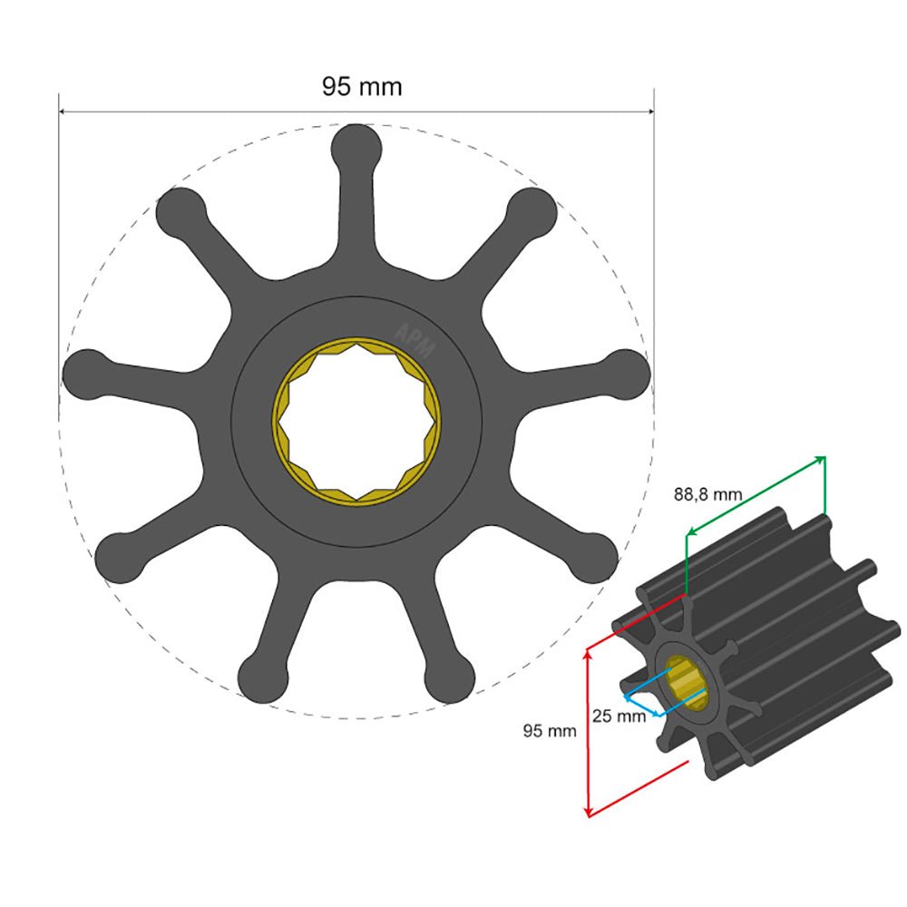 Albin Group Premium Impeller Kit 95 x 25 x 88.8mm - 9 Blade - Spline Insert [06-02-029] - Houseboatparts.com