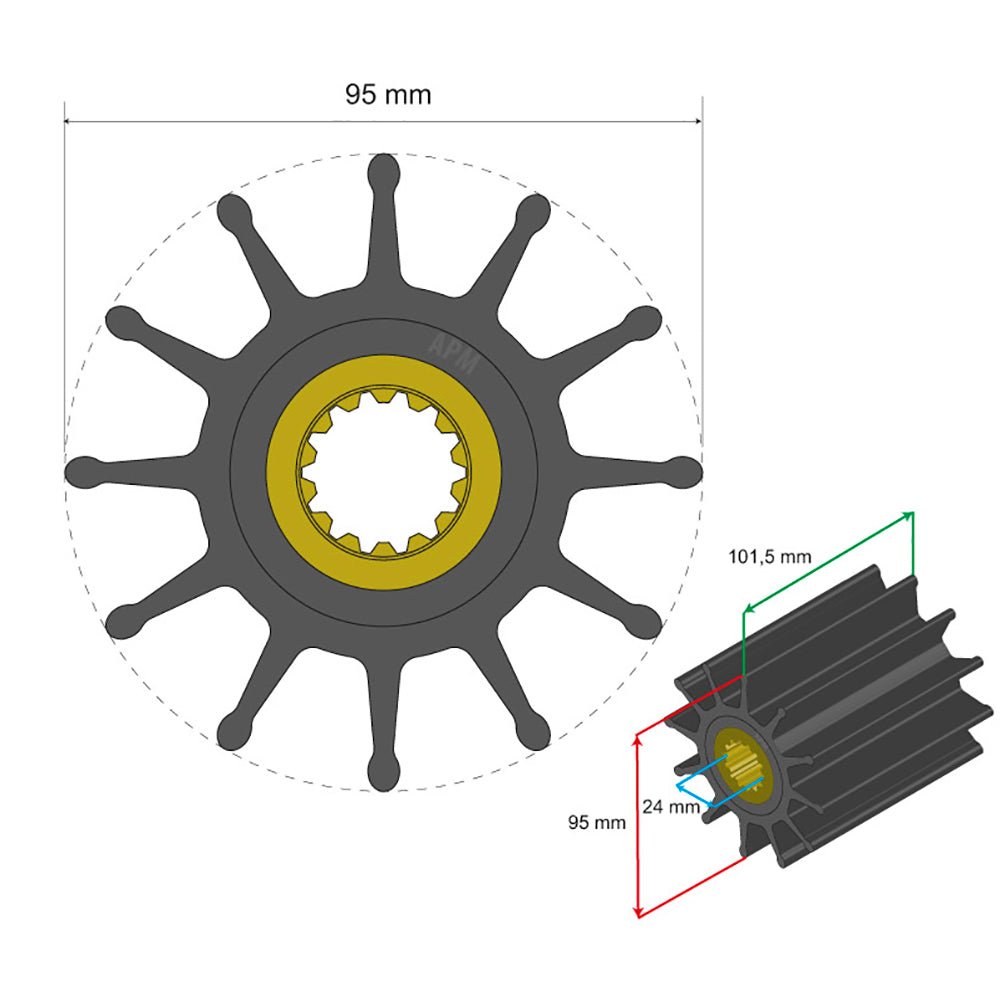 Albin Group Premium Impeller Kit 95 x 24 x 101.5mm - 12 Blade - Spline Insert [06-02-033] - Houseboatparts.com