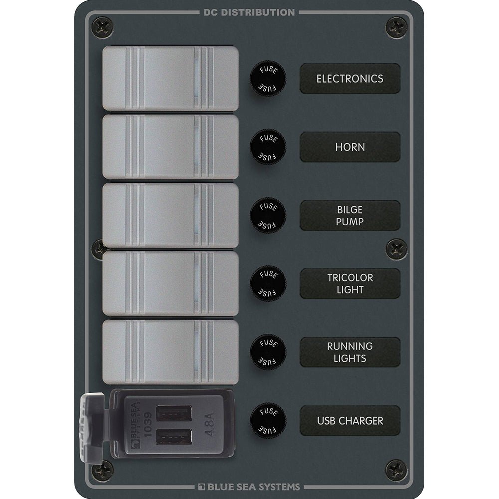 Blue Sea 8121 - 5 Position Contura Switch Panel w/Dual USB Chargers - 12/24V DC - Black [8121] - Houseboatparts.com