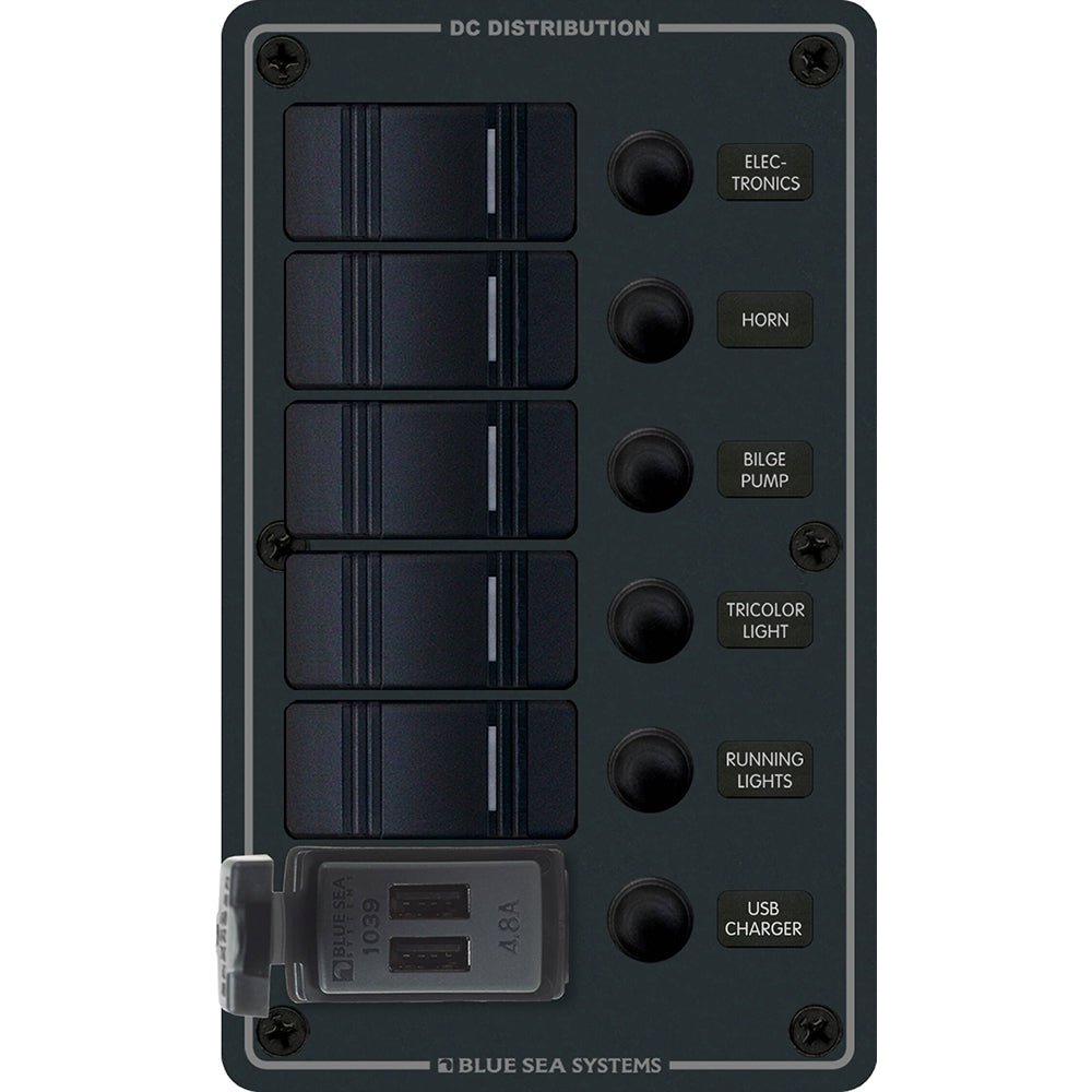 Blue Sea 8521 - 5 Position Contura Switch Panel w/Dual USB Chargers - 12/24V DC - Black [8521] - Houseboatparts.com