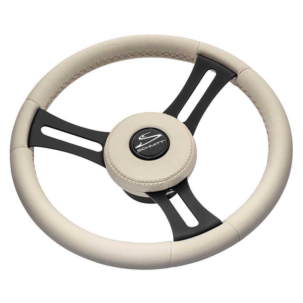 Schmitt Marine Torcello Elite 14" Wheel - Beige Leather Cap - White Stitching - Black SS Spokes - 3/4" Tapered Shaft [PU081B11] - Houseboatparts.com