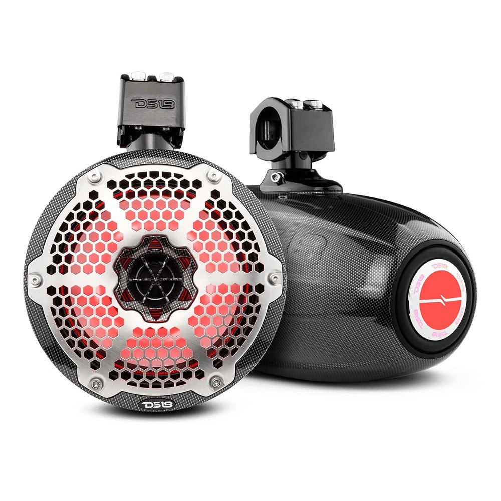 DS18 X Series HYDRO 8" 2-Way Wakeboard Pod Tower Speakers w/1 Driver RGB Lights - 550W - Black Carbon [CF-X8TPNEO] - Houseboatparts.com