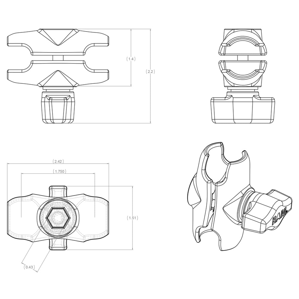 RAM Mount Short Double Socket Arm f/1" Ball Bases [RAM-B-201U-A] - Houseboatparts.com