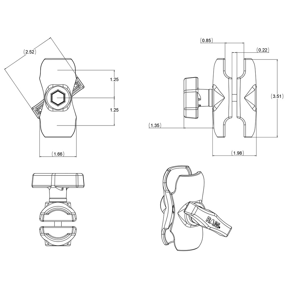 RAM Mount Short Double Socket Arm f/1.5" Ball [RAM-201U-B] - Houseboatparts.com