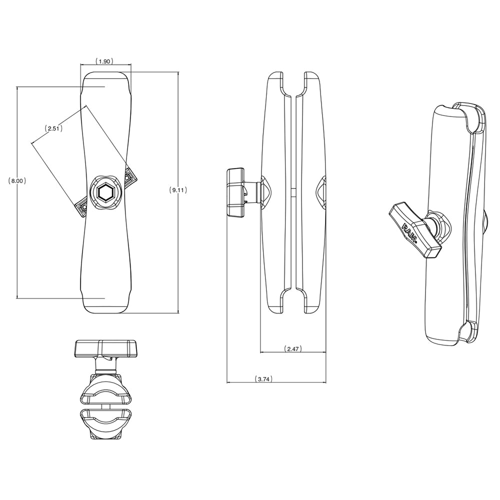 RAM Mount Long Double Socket Arm f/1.5" Ball Bases [RAM-201U-D] - Houseboatparts.com