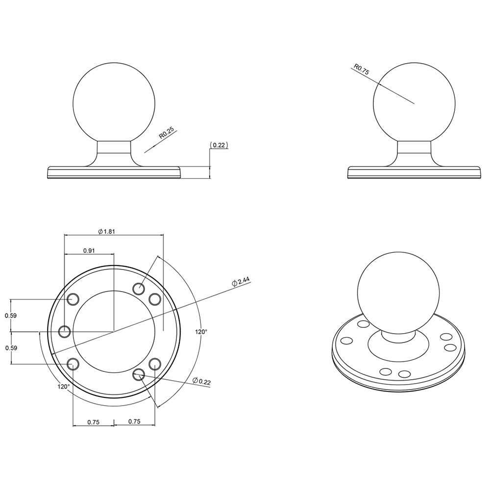 RAM Mount 2-1/2" Diameter Base w/1.5" Ball [RAM-202U] - Houseboatparts.com