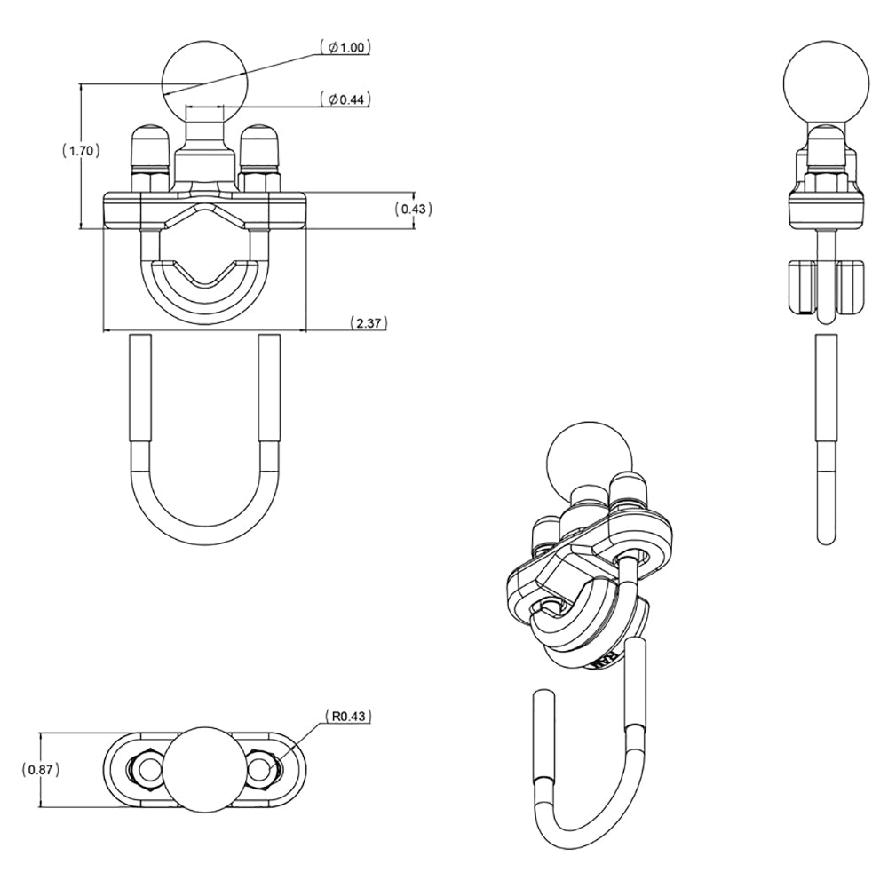 RAM Mount Zinc Coated U-Bolt Base w/1" Ball [RAM-B-231ZU] - Houseboatparts.com