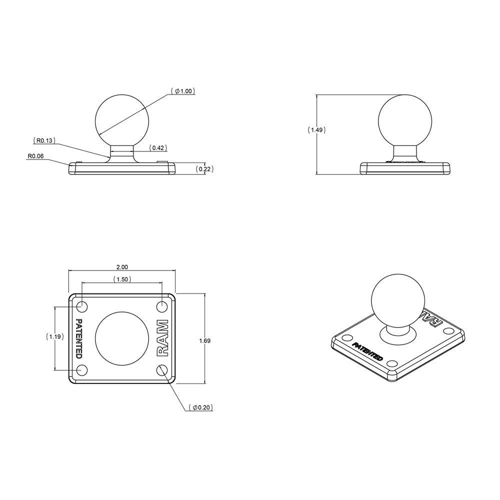 RAM Mount Square 2" x 1.7" Base w/1" Ball [RAM-B-347U] - Houseboatparts.com