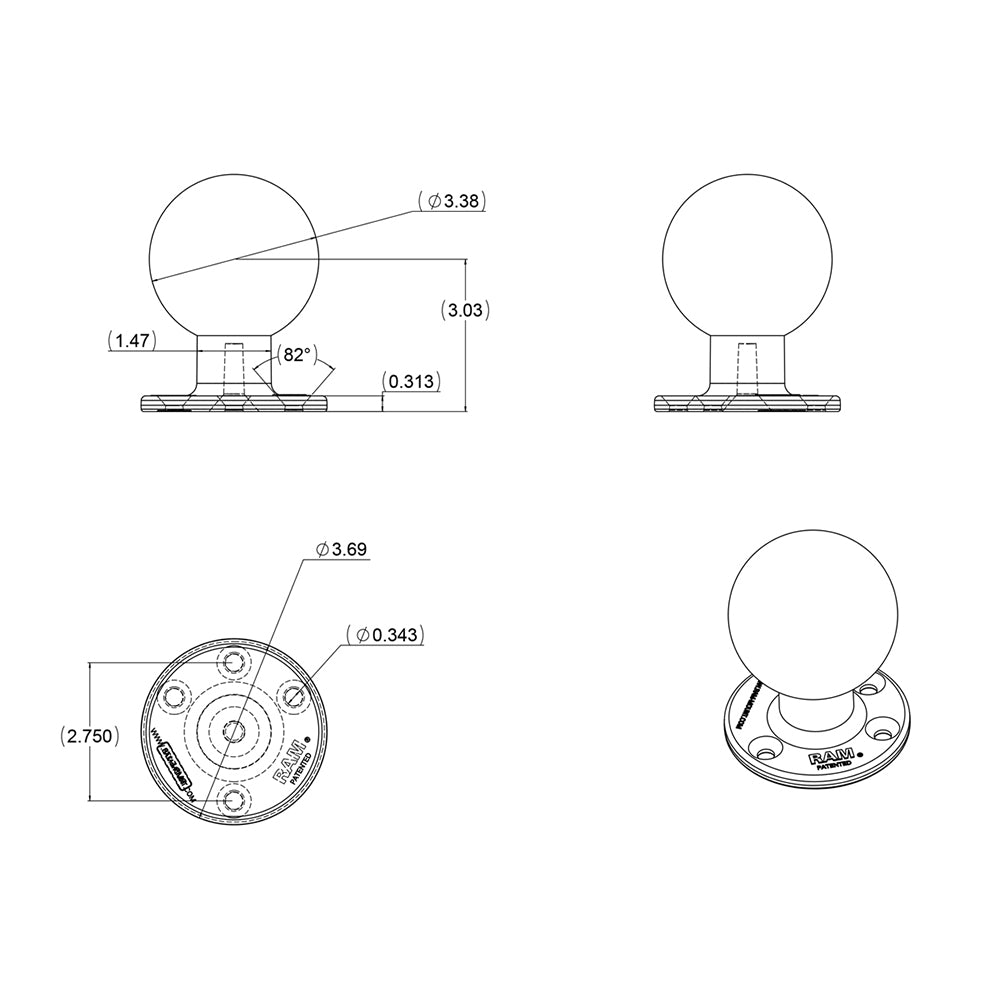 RAM Mount 3.68" Round Base w/3-3/8" E Size Ball [RAM-E-202U] - Houseboatparts.com