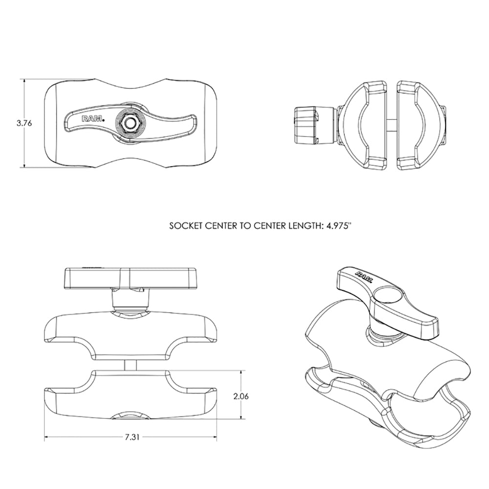RAM Mount Double Socket Short Arm f/3-3/8" E Size Ball Base [RAM-E-201U-D] - Houseboatparts.com