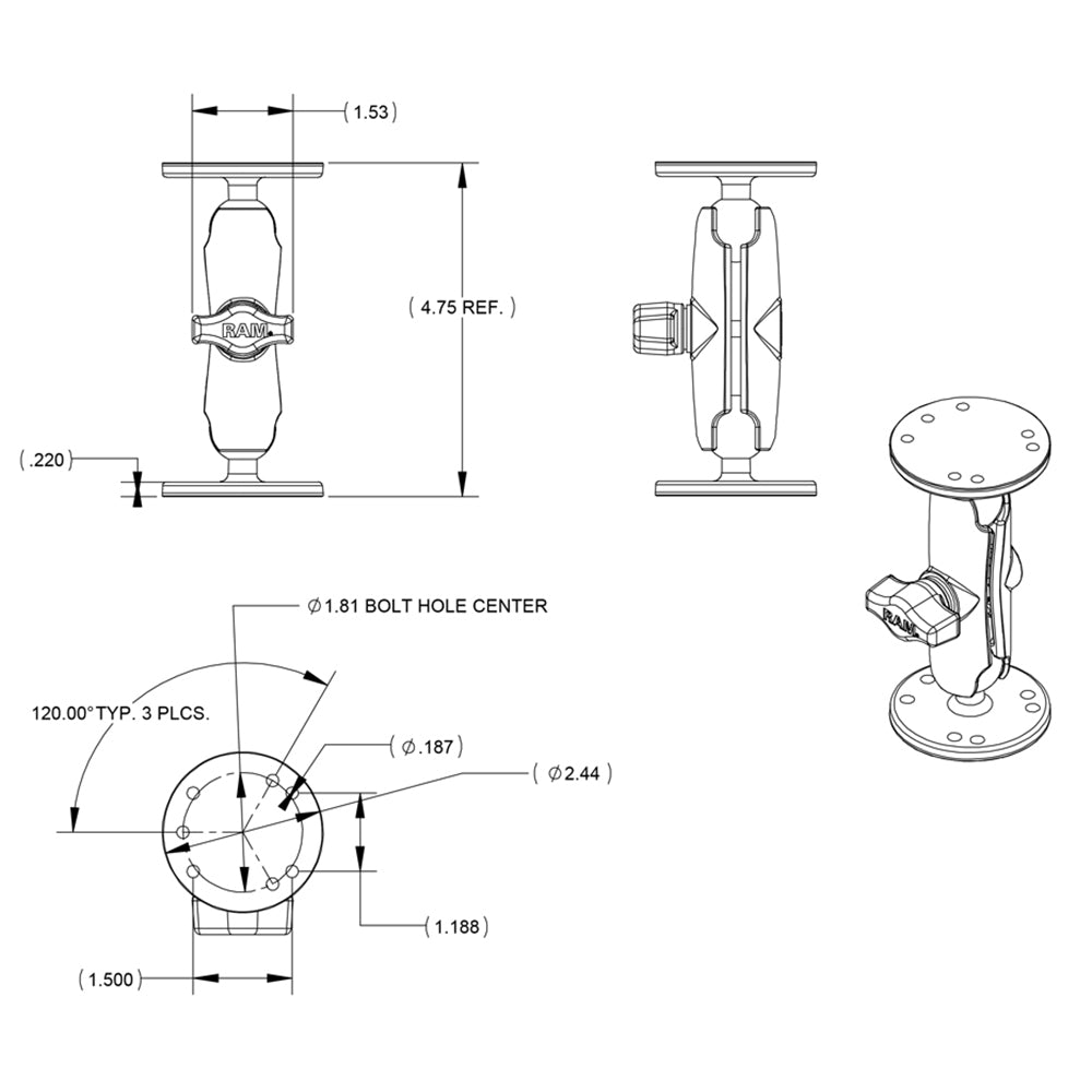 RAM Mount 1" Ball Double Socket Arm w/2 2.5" Round Bases - AMPS Hole Pattern [RAM-B-101U] - Houseboatparts.com