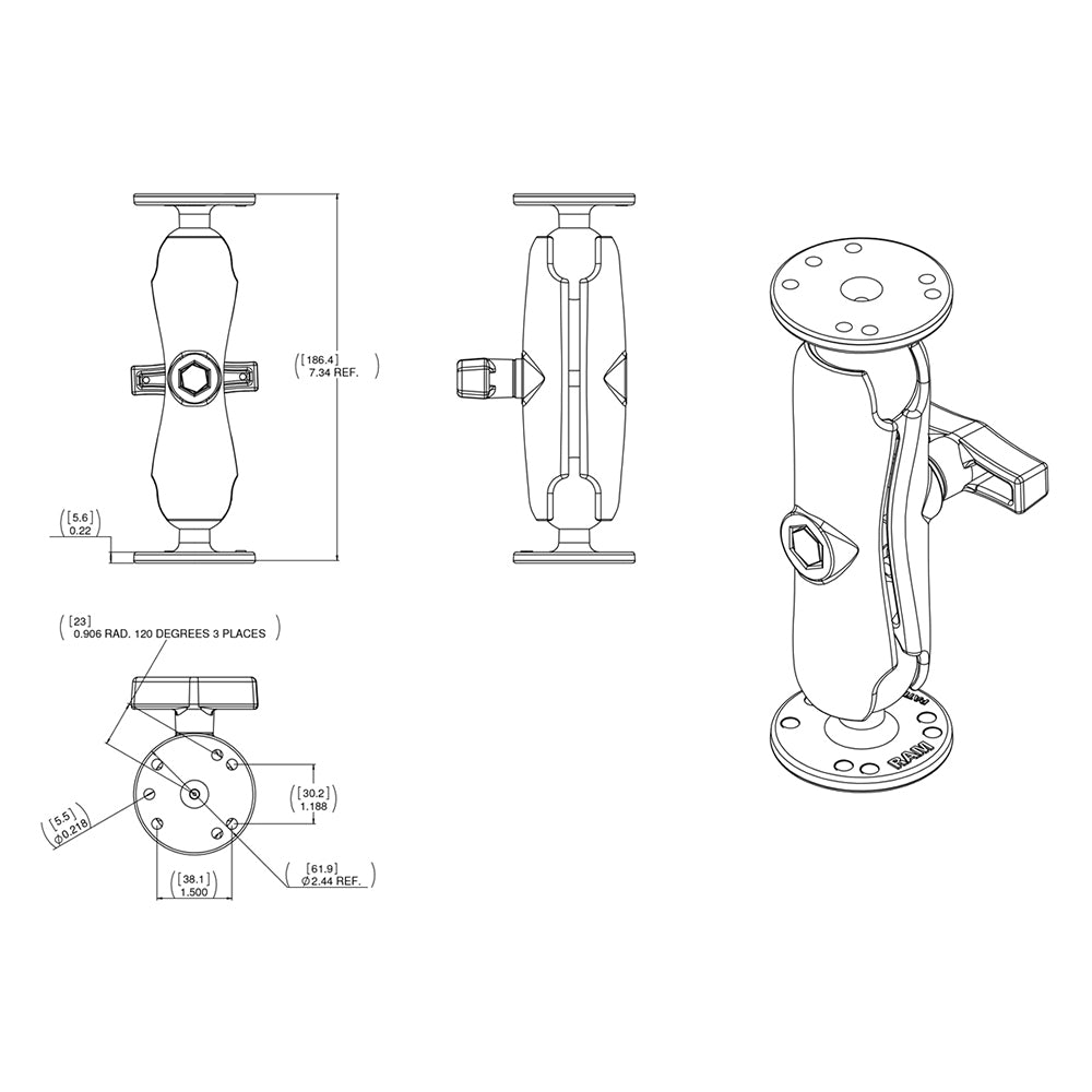 RAM Mount 1.5" Ball Double Socket Arm w/2 2.5" Round Bases - AMPs Pattern [RAM-101U] - Houseboatparts.com