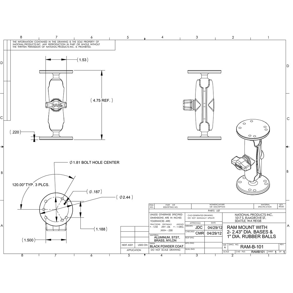 RAM Mount 1" Ball Light Use Surface Mount f/Garmin echo 100, 150, 300c [RAM-B-101-G4] - Houseboatparts.com