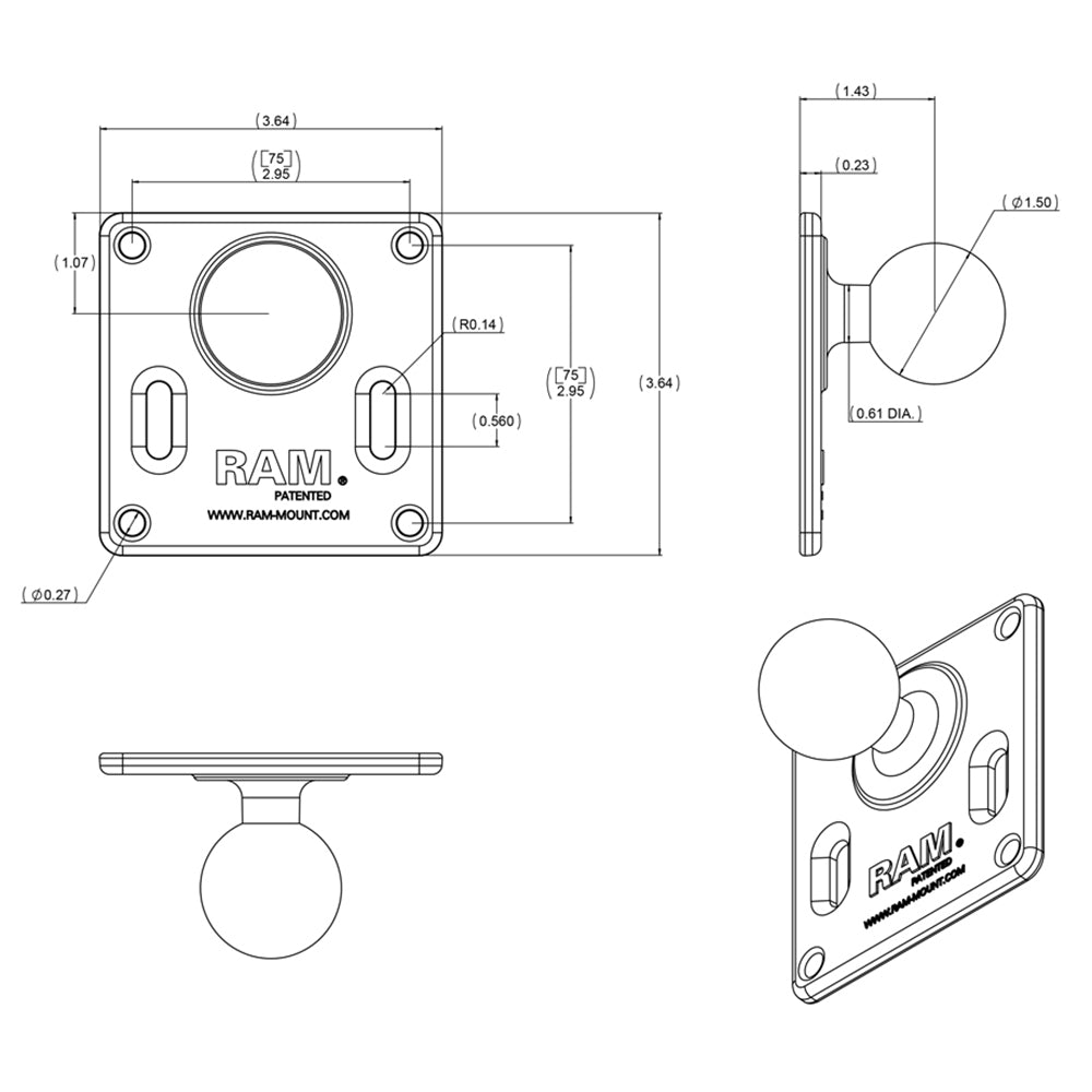 RAM Mount 75mm x 75mm VESA 3.625" Plate w/1.5" Diameter Ball [RAM-2461U] - Houseboatparts.com