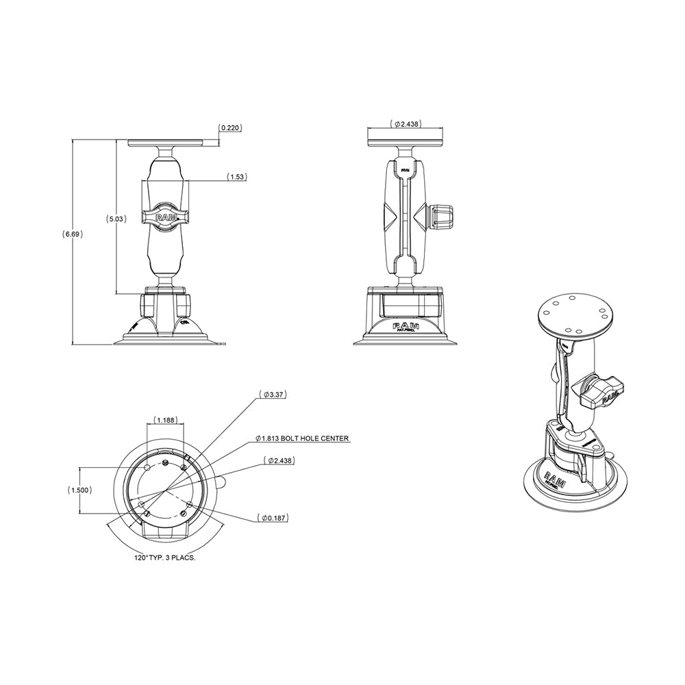 RAM Mount Twist Lock Suction Cup w/Round Base Adapter [RAM-B-166-202U] - Houseboatparts.com