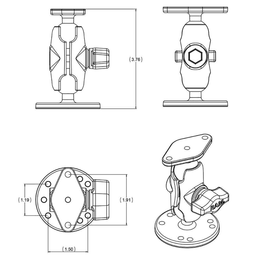 RAM Mount Flat Surface Mount Short Arm w/Diamond Base [RAM-B-138U-A] - Houseboatparts.com