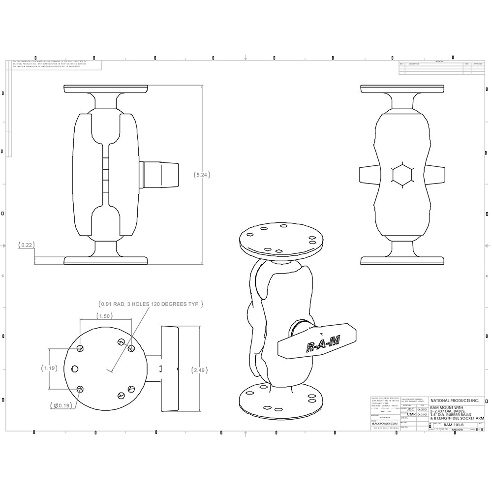 RAM Mount 1.5" Ball Mount w/Short Double Socket Arm & 2/2.5" Round Bases [RAM-101U-B] - Houseboatparts.com