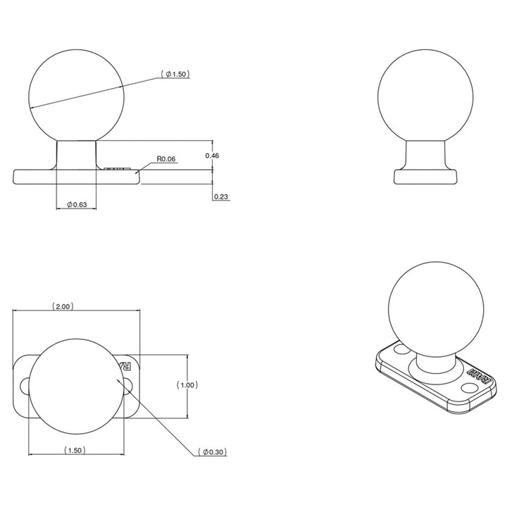 RAM Mount 1" x 2" Rectangle Base w/1.5" Ball [RAM-202U-12] - Houseboatparts.com