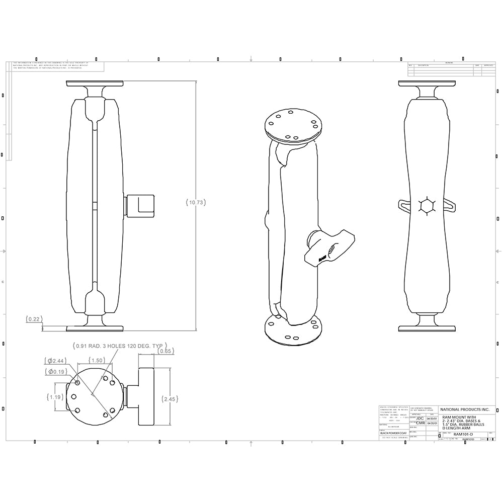 RAM Mount Ball Mount w/Long Double Socket Arm & 2-2.5" Round Bases w/AMPs Pattern [RAM-101U-D] - Houseboatparts.com