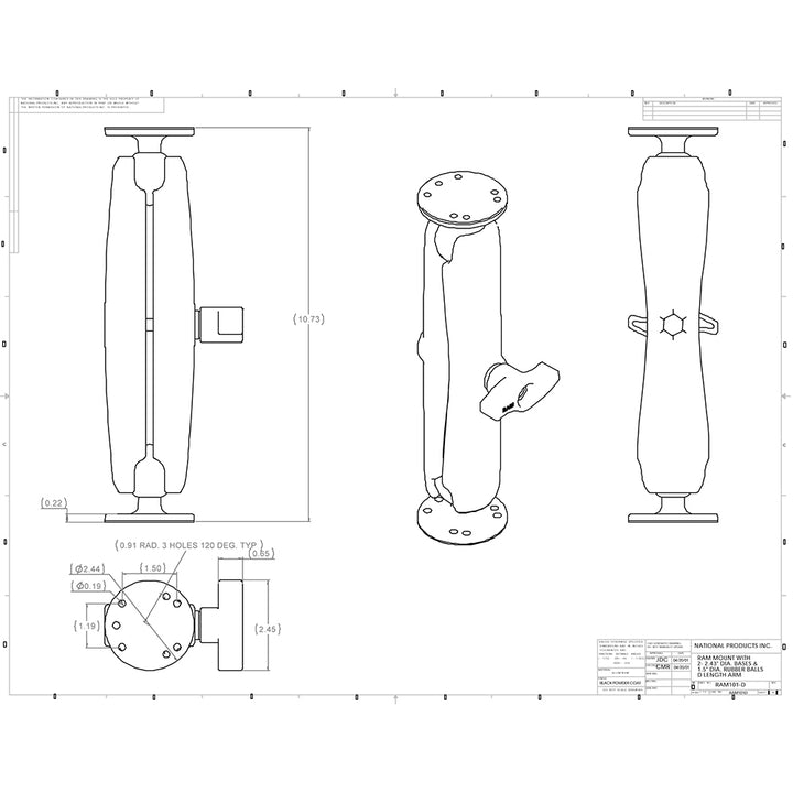 RAM Mount Ball Mount w/Long Double Socket Arm & 2-2.5" Round Bases w/AMPs Pattern [RAM-101U-D] - Houseboatparts.com