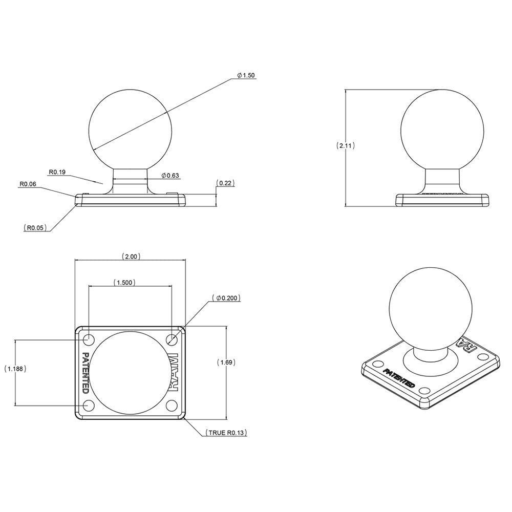 RAM Mount 2" x 1.7" Base w/AMPs Hole Pattern & 1.5" Ball [RAM-347U] - Houseboatparts.com