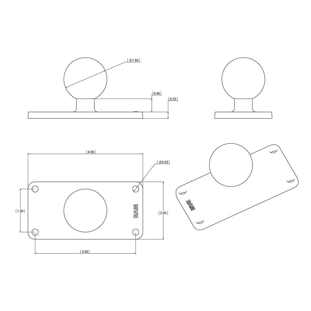 RAM Mount 2" x 4" Rectangle Base w/1.5" Ball [RAM-202U-24] - Houseboatparts.com