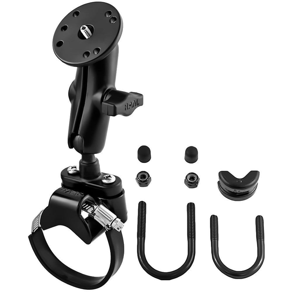 RAM Mount Strap Clamp Roll Bar Mount w/Standard Length Double Socket Arm & 2.5" Round Base w/1/4"-20 Male Threaded Post [RAM-B-149Z-2-202AU] - Houseboatparts.com
