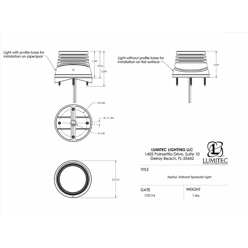 Lumitec Zephyr LED Spreader/Deck Light -Brushed, Black Base - White Non-Dimming [101326] - Houseboatparts.com